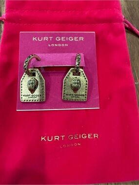 Kurt Geiger Gold-Tone Tag Drop Earrings with Hot Pink Pouch